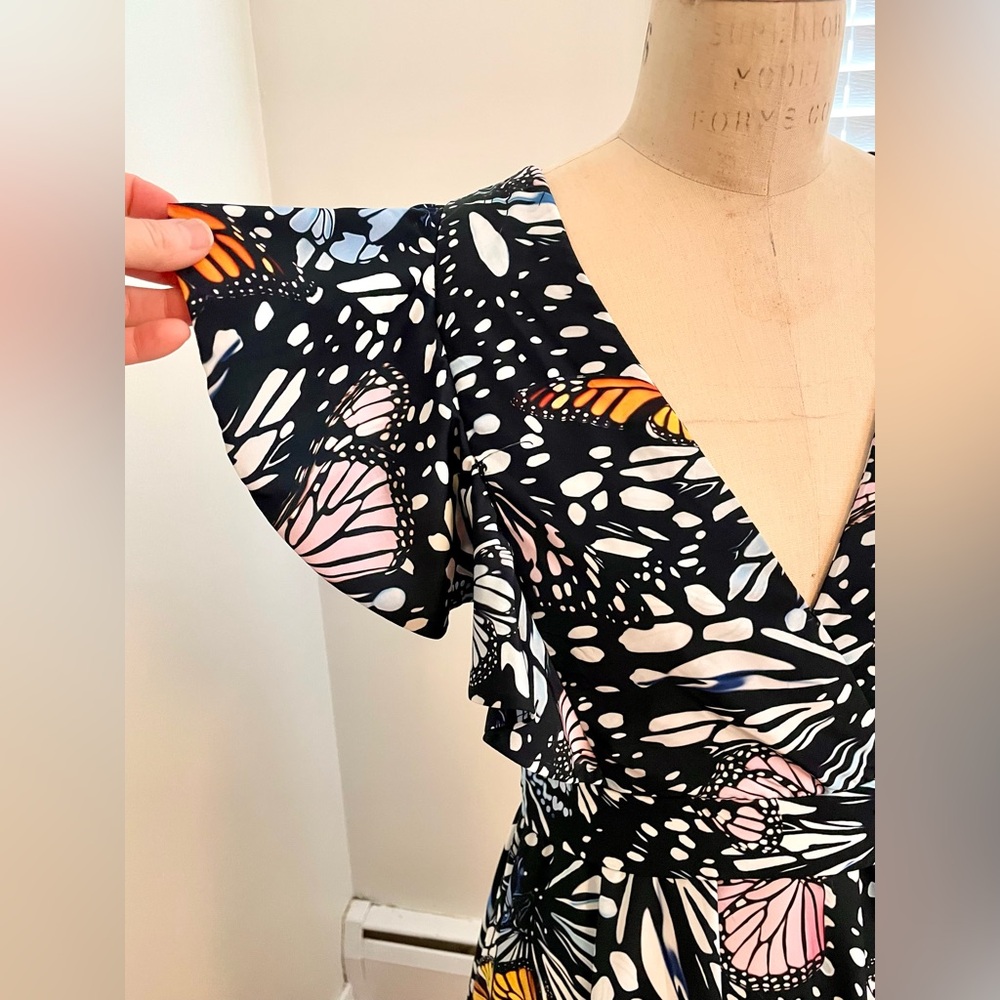 Aqua Black Butterfly Print Maxi Dress with Blue Orange Accents Sz M Runs Small - Picture 7 of 11